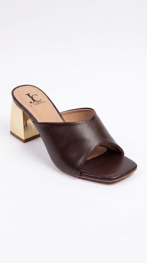Tamanco Feminino Marrom com Salto Bloco Dourado