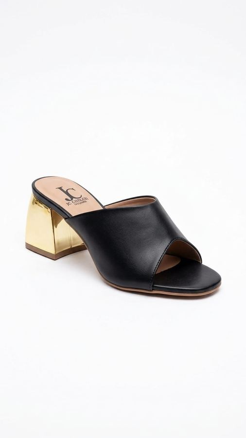 Tamanco Feminino Preto com Salto Bloco Dourado